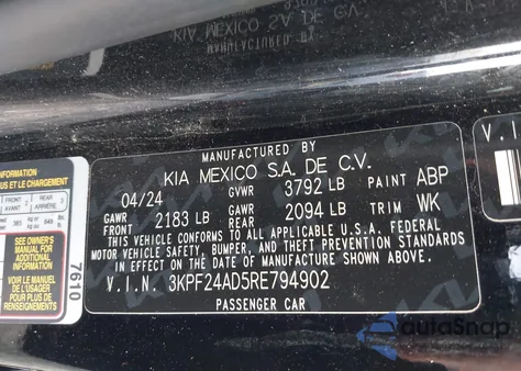 2024 Kia Forte Lxs z USA, uszkodzony, nr VIN 3KPF24AD5RE794902